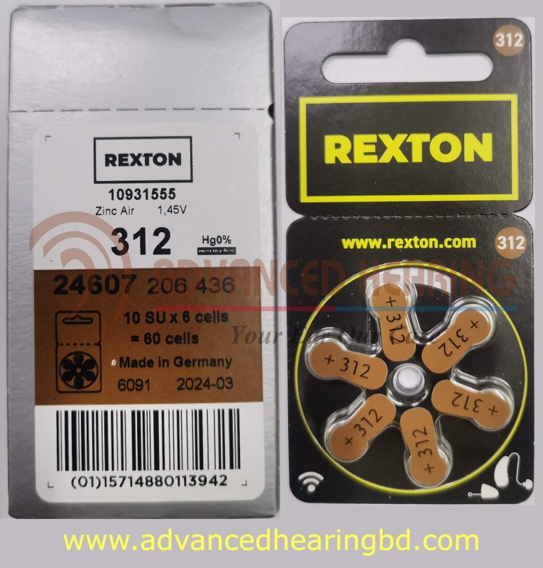 Original Rexton Zinc Air Hearing Aid Batteries – Size 312 (Brown) 60 Pcs/1 Box+6 Pcs Free