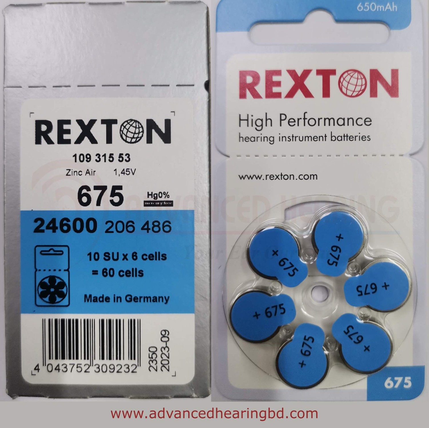 Original Rexton Zinc Air Hearing Aid Batteries – Size 675 (Blue) 60 Pcs/1 Box+6 Pcs Free